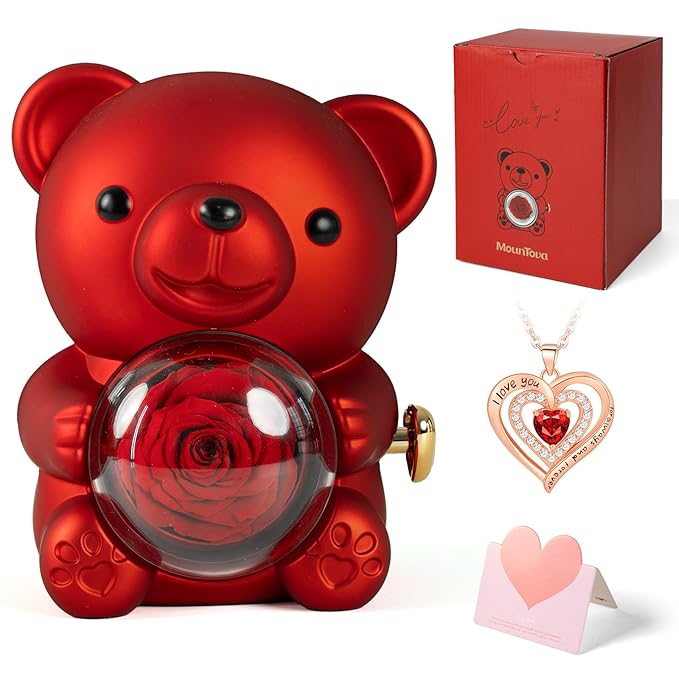 Red Bear Rose Jewelry Box with Heart Necklace