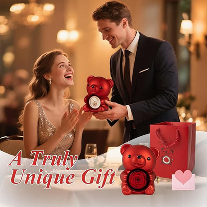 Red Bear Rose Jewelry Box with Heart Necklace