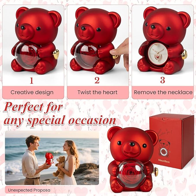 Red Bear Rose Jewelry Box with Heart Necklace