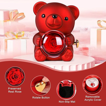 Red Bear Rose Jewelry Box with Heart Necklace