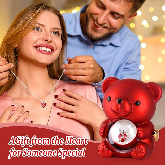 Red Bear Rose Jewelry Box with Heart Necklace