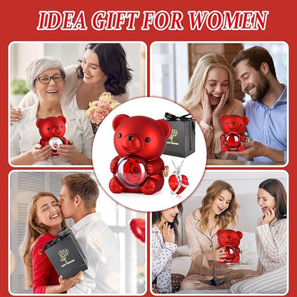 Red Bear Rose Jewelry Box with Heart Necklace