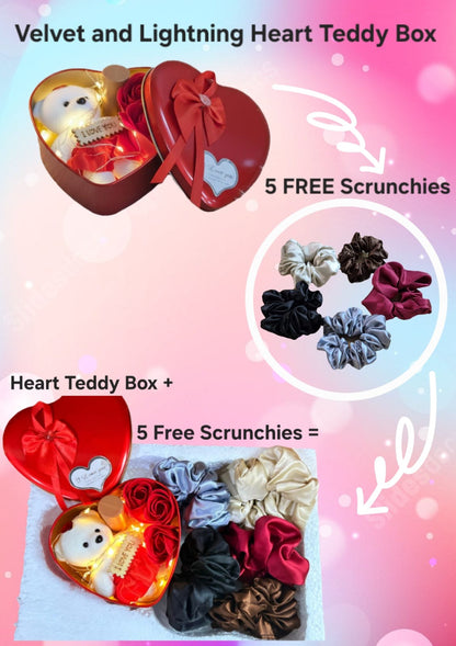 Velvet and Lightning Heart Teddy ( 5 Free Premium Silk Scrunchies and Love Stand)