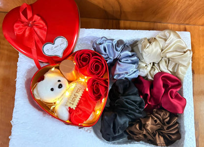 Velvet and Lightning Heart Teddy ( 5 Free Premium Silk Scrunchies and Love Stand)