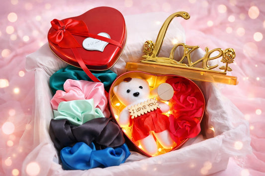 Velvet and Lightning Heart Teddy ( 5 Free Premium Silk Scrunchies and Love Stand)